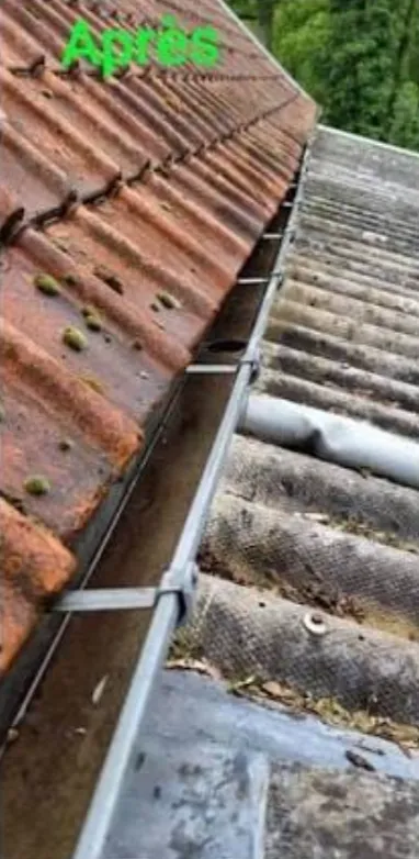 Gouttière nettoyée le long d'une toiture en tuiles