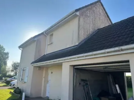 Façade de maison ternie avec traces de coulures avant nettoyage